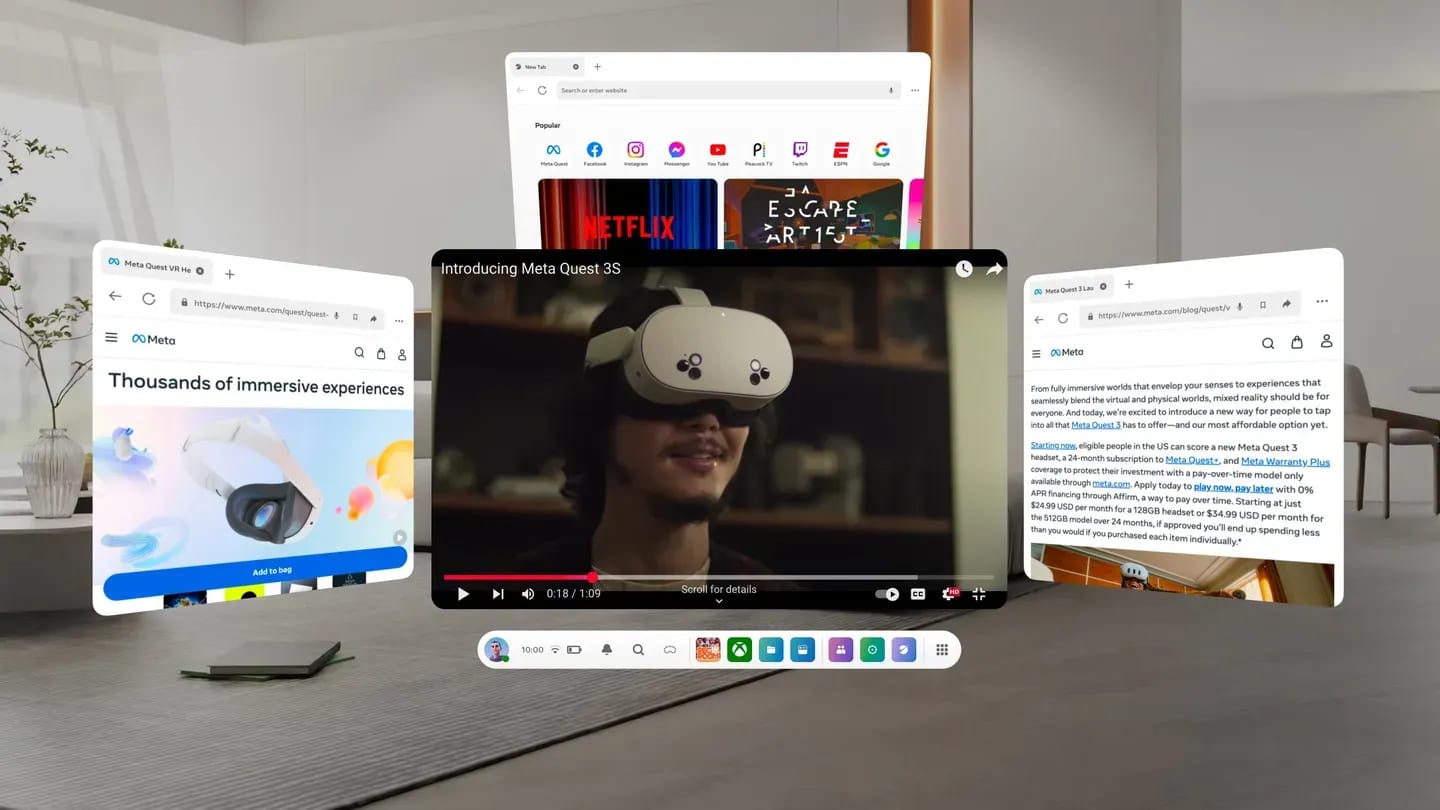 Four Meta Quest Browser windows open at once in a room — a new-tab page of site shortcuts, a web page, a playing video, and an article