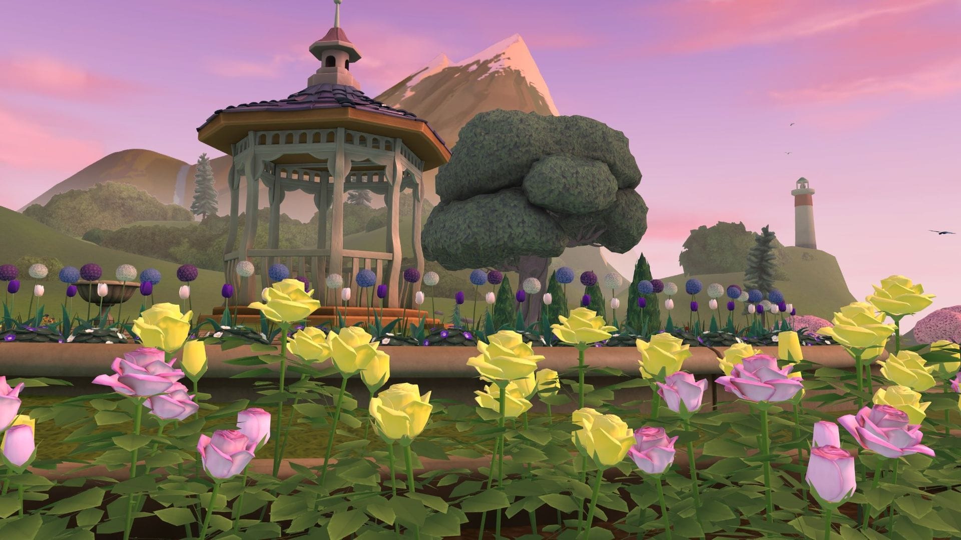 Project Flowerbed — a garden of roses and alliums around a gazebo at sunset, rendered in WebXR on Meta Quest