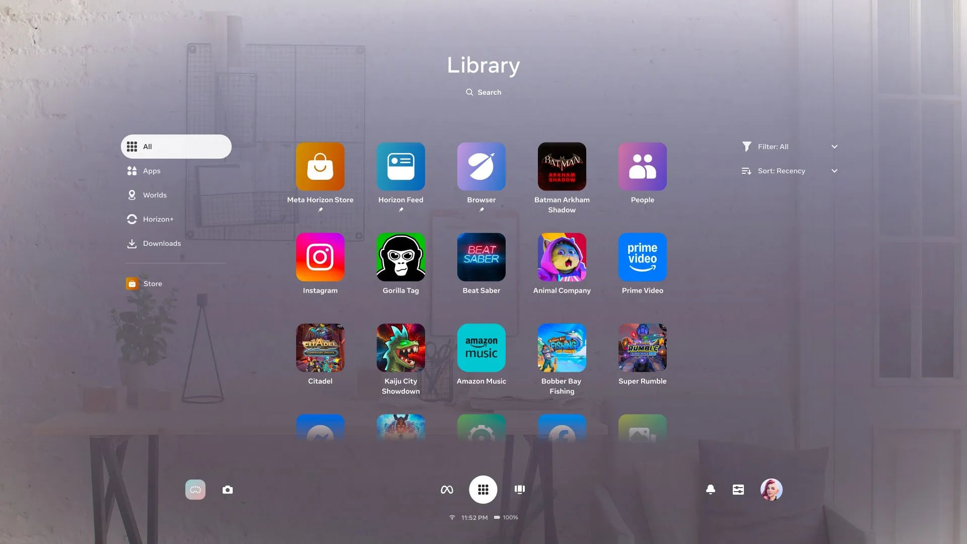 Horizon OS Navigator: the Library view with the system bar along the bottom edge