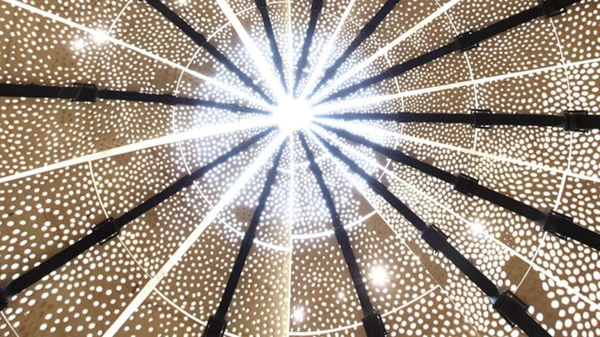 Murmur — John Grade's kinetic pingo sculpture suspended in a museum gallery
