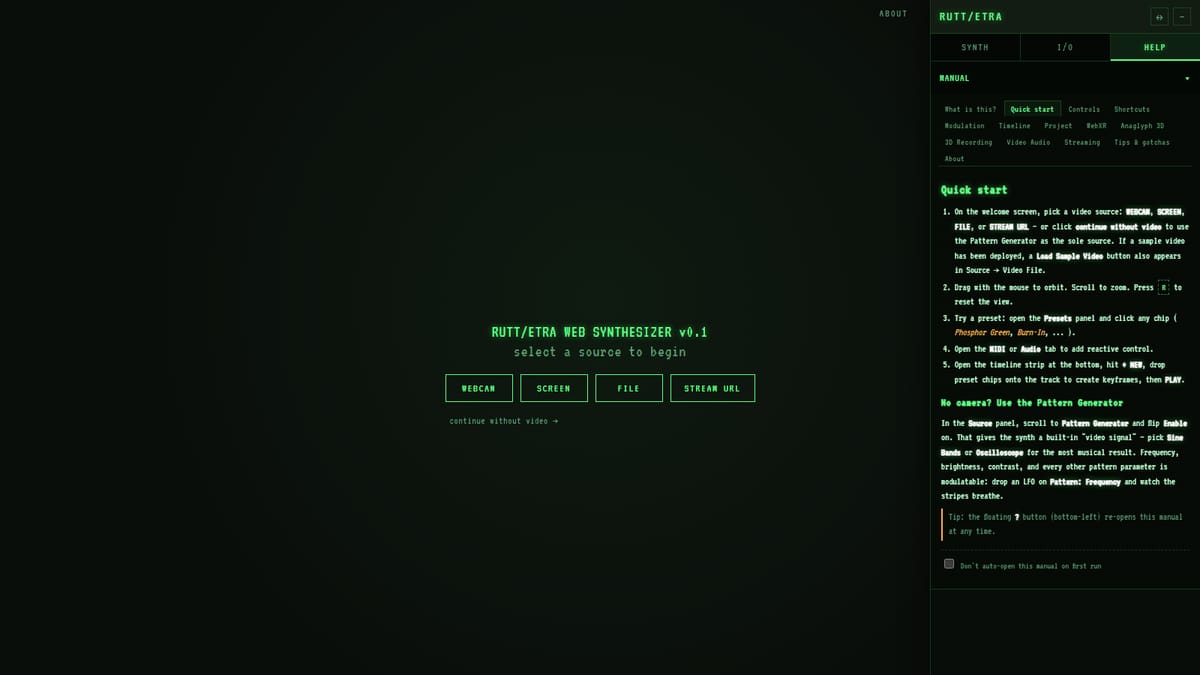 Rutt/Etra Web Synthesizer — a live video feed displaced into glowing scanlines in the browser