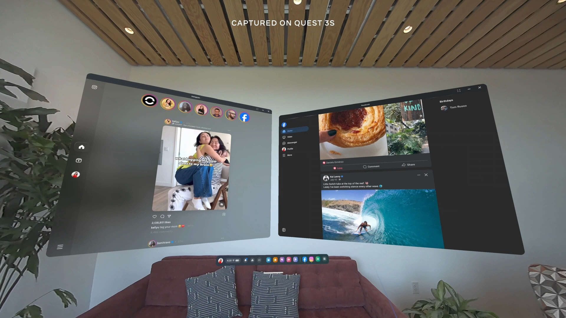 Instagram and Facebook open side by side as panels in mixed reality on Quest, Instagram playing a Reel